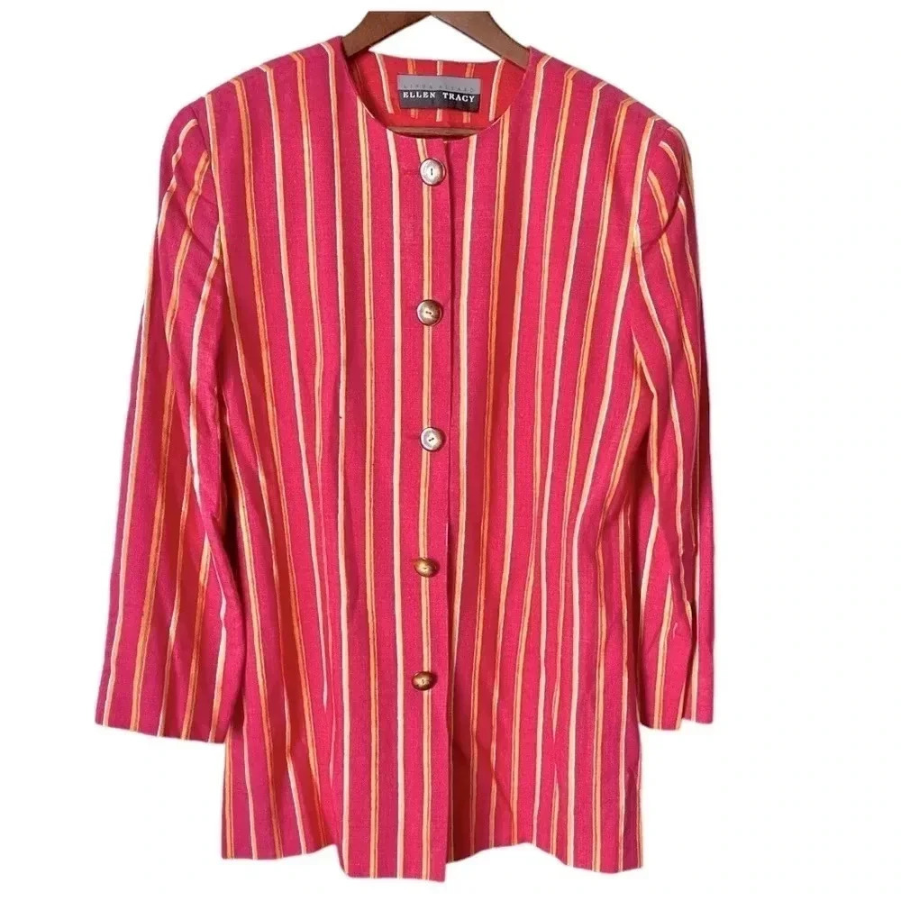 ELLEN TRACY LINDA ALLARD | Vintage Stripped Button Up 100% Silk Blazer Size 14